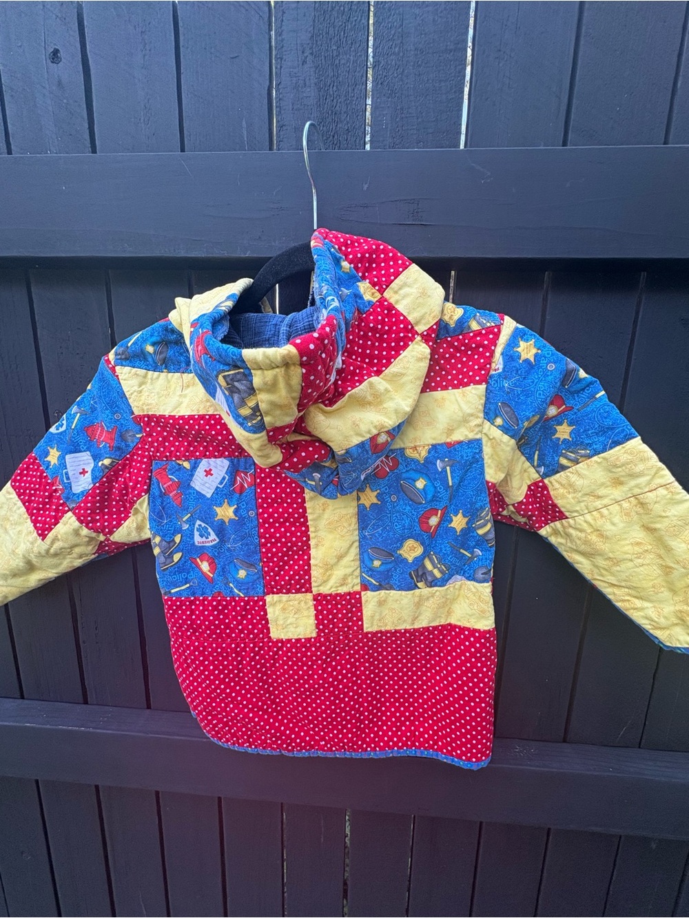 Upcycled Patchwork Quilted Kid's Hoodie - Red, Blue & Yellow 2T/3T - Picture 3 of 7